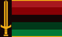 A flag with a black rectangle taking up about 1/8th of the flag. It has a sword on top of the black box colored gold. The rest of the flag has 7 stripes that are cut off by the black box. The top and bottom stripes are super thin, colored gold. The rest of