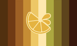 a rectangular flag with 10 vertical stripes, from left to right: dull brown, sepia, sienna, dull orange, sand, light tan, avocado green, pesto green, greenish brown, and dark sienna. in the center of the flag is a golden yellow lemon slice with two droplet