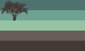A flag with 5 equally sized horizontal stripes, colored, from top to bottom, dark teal, teal, mint green, light taupe brown and taupe brown. In the upper left corner of the flag there's a silhouette of a satra palm tree in taupe brown.