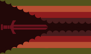A flag that has nine stripes where the fifth stripe is scalloped and the fifth stripe overlaps over the other stripes in a scalloped triangle to the center with a horizontal sword within it colored in darkish red. The following colors on the flag from top